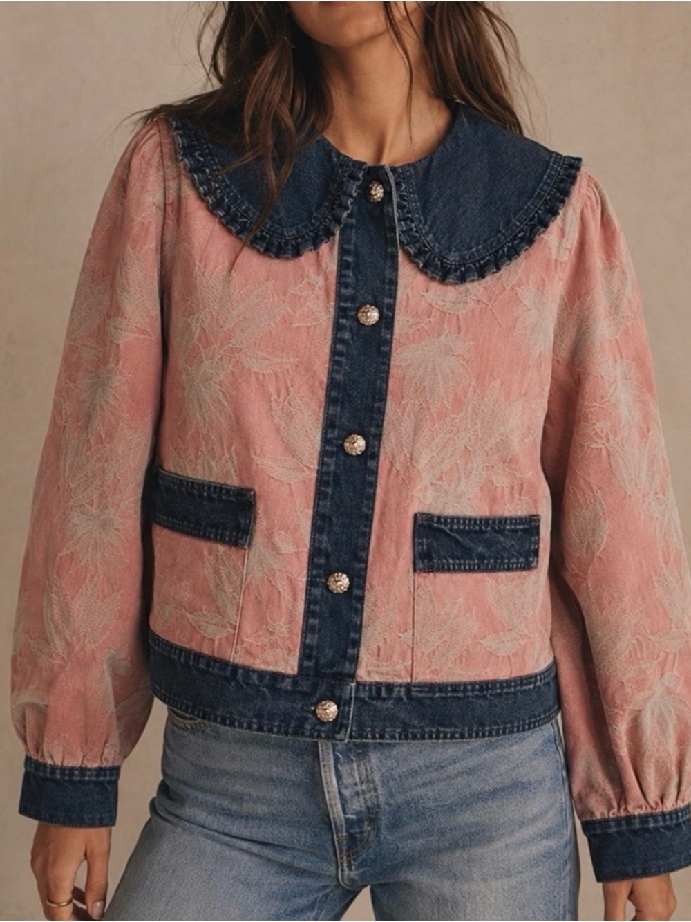 JODIFl Denim Leaf Jacquard Print Jacked in pink and Denim New with Tags Size LRG